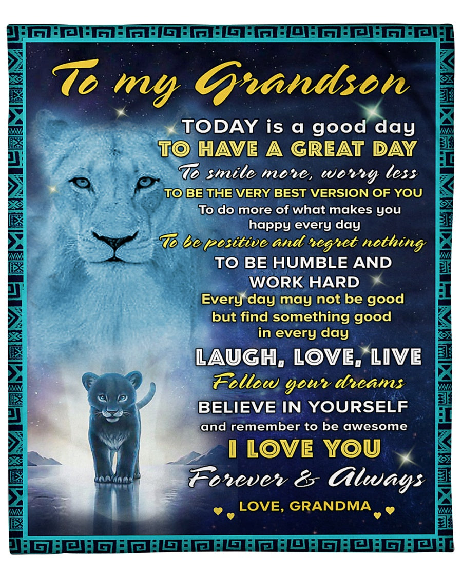 To My Grandson, Smile More, Worry Less, Lion, Gift For Grandson, Fleece Blanket