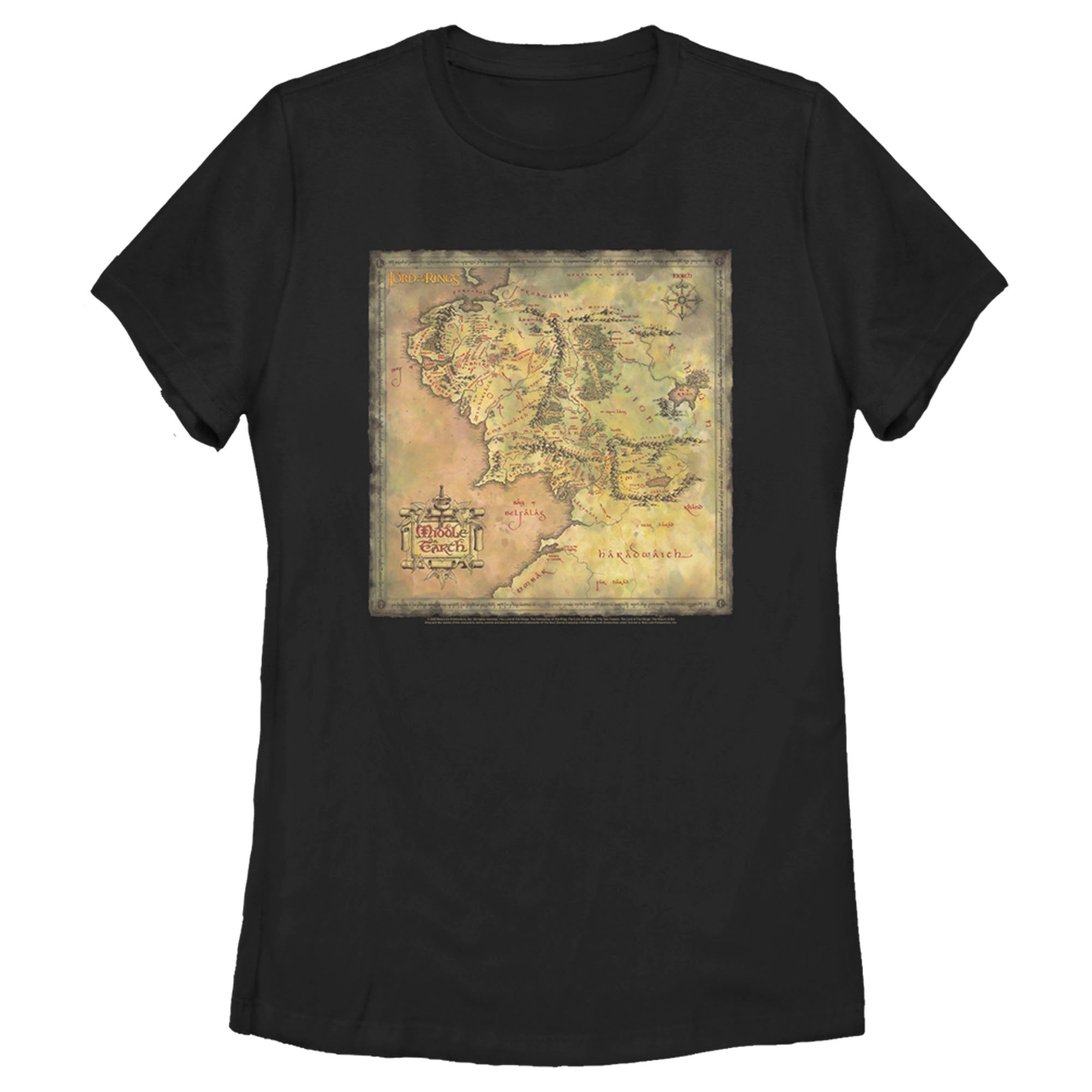 The Lord Of The Rings Women’S Fellowship Of The Ring Map Of Middle Earth  T-Shirt