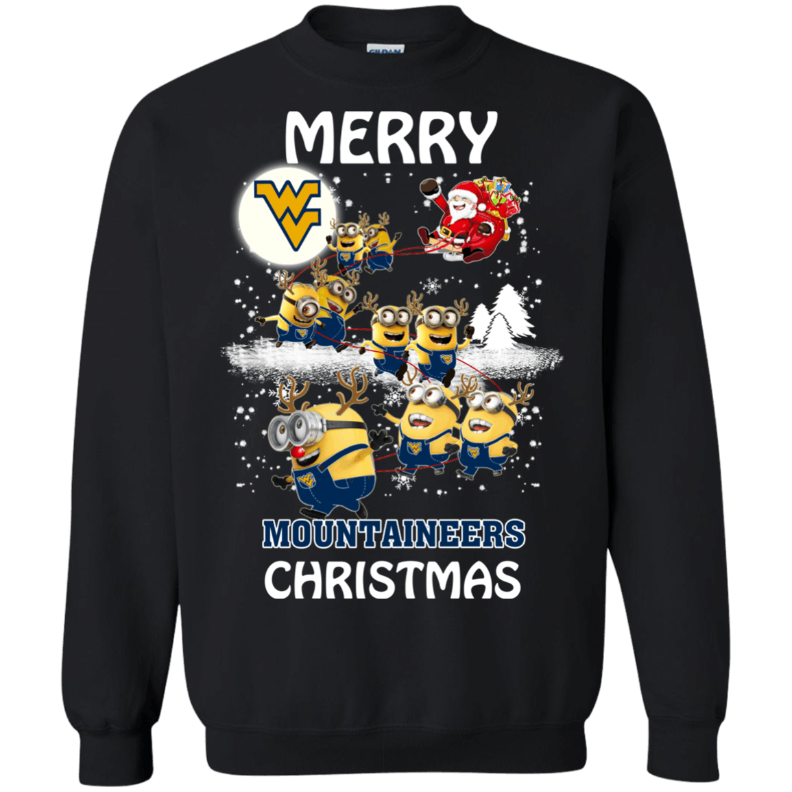 Unbelievable West Virginia Mountaineers Minion Ugly Christmas Sweaters Santa Claus With Sleigh Hoodies Sweatshirts