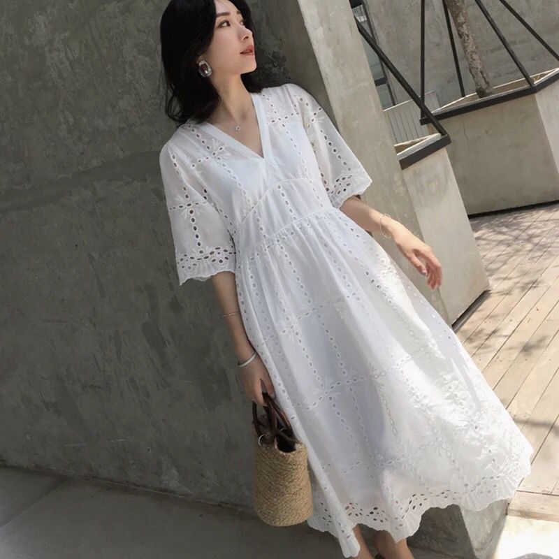 SMTHMA 2022 New Fashion Elegant White Cotton Lace Party Dress Women Summer Short Sleeve Dresses Female Vestidos alx