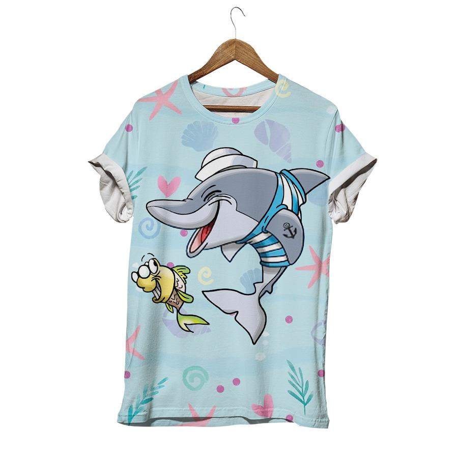 Cartoon Marine Dolphin And His Cute Little Fish Friend Dolphin T-shirt