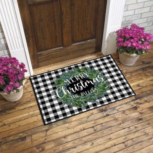 Personalized Black & White Buffalo Plaid Christmas Door Mat, Front Door Rug, Doormat All Over Printed (6228)