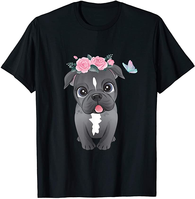 Cute Puppy Pitbull With Flowers Butterfly Pitbull Dog Mom T-Shirt