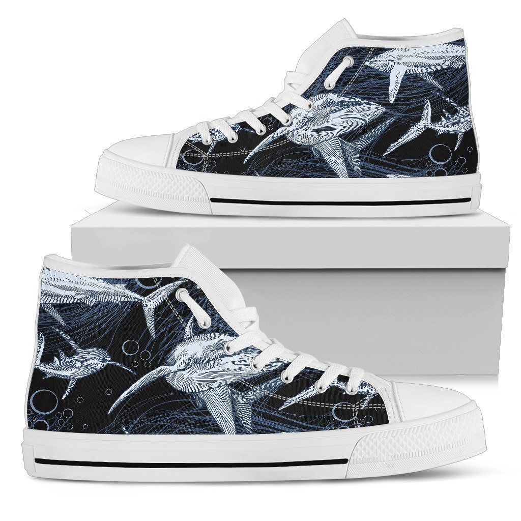 Shark Print Pattern High Top Personalized Shoes Custom Name, Text For Women, Men