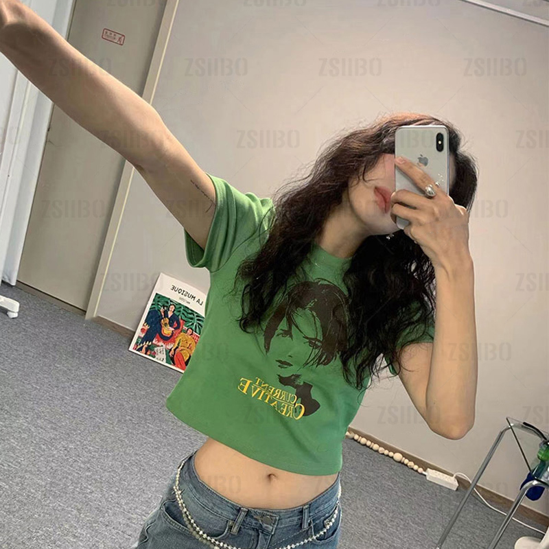 Summer 2022 Y2K gothic clothes Women Tops Fairy Grunge Tees Basic O Neck Short Sleeve T-Shirts harajuku green crop top emo alx