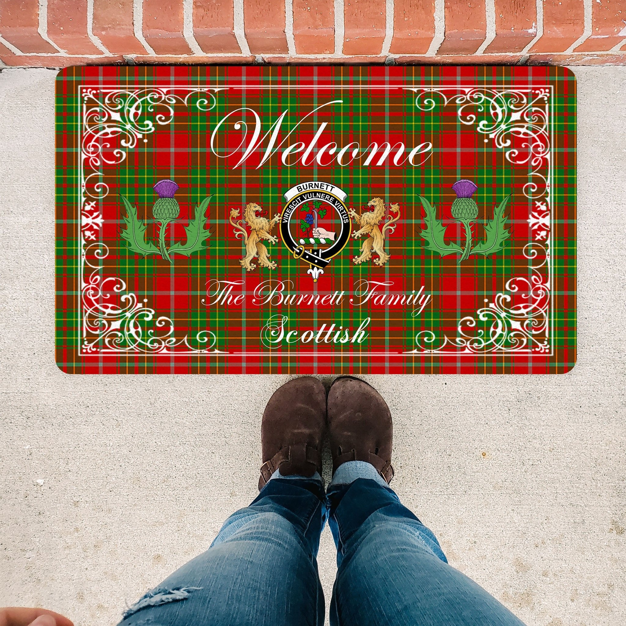 Scotstee Shop Tartan Door Mats Clan Burnett Badge Tartan Thistle And Two Lion Scottish Plaid Doormat, Christmas Door Mat Gift