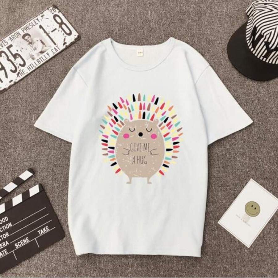 Spring Summer New Style Women Tshirt Hedgehog Print Short Sleeve Round Neck Cotton Women Tops Slim Fit Women T-shirt