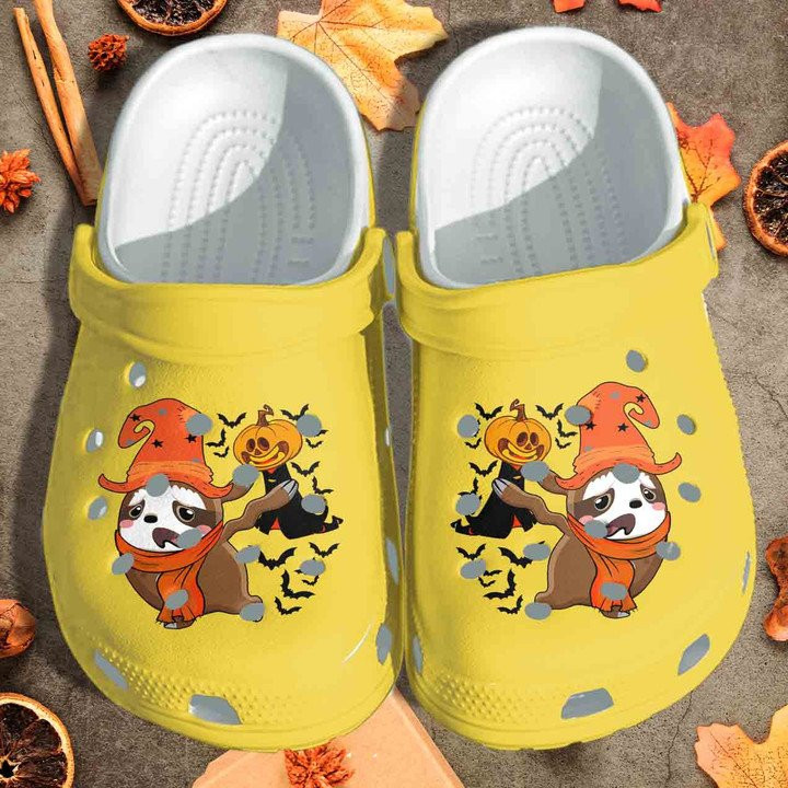 A Sloth Is Afraid Of Pumpkin Ghost Shoes Funny Halloween Pumpkin Crocss Clog