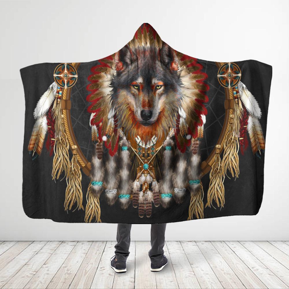 ViticStore™ 3D All Over Printed Native American Wolf Grey Red Wolf Hooded Blanket