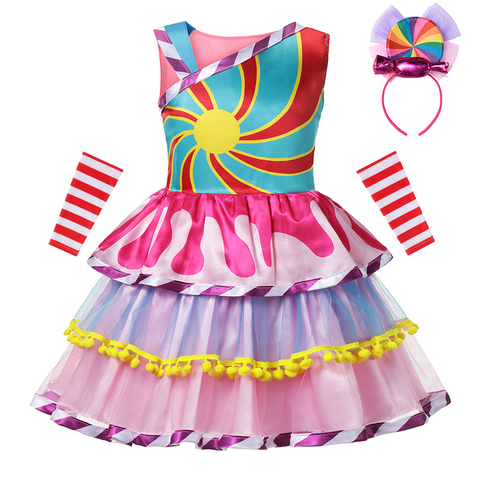 MUABABY Carnival Candy Dress for Girls Purim Festival Fancy Lollipop Costume Children Summer Tutu Dresses Dressy Party Ball Gown alx