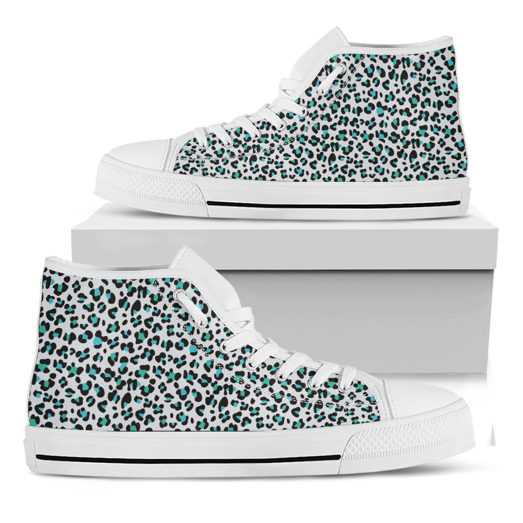 White And Teal Leopard Print White High Top Shoes