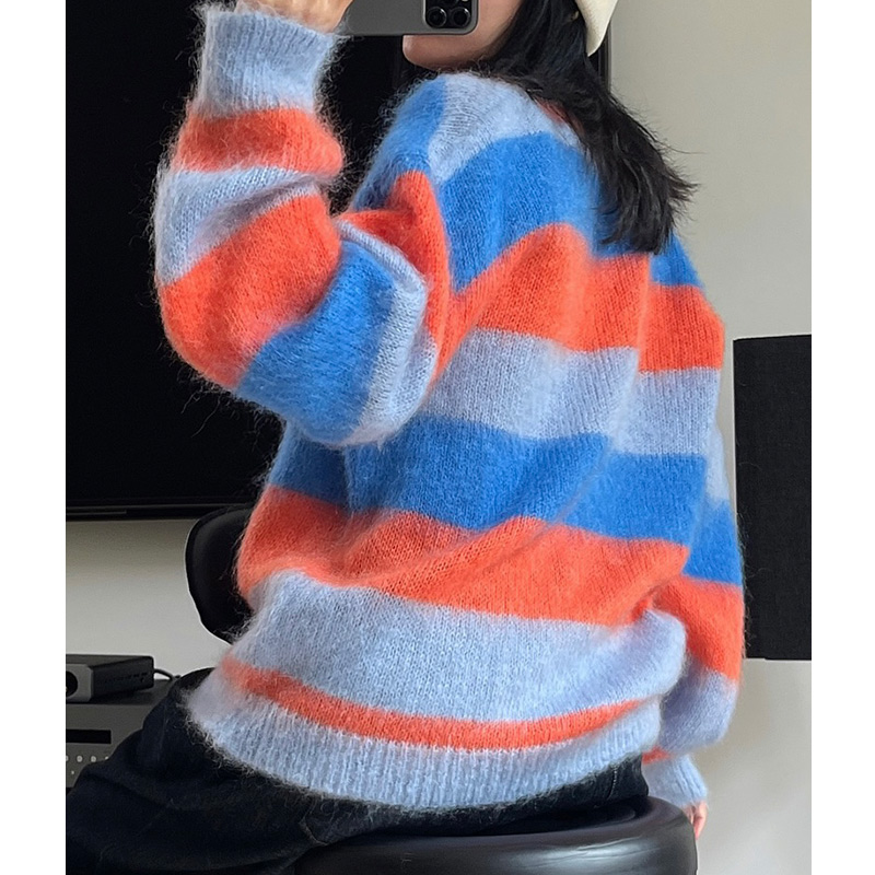 Women Vintage Striped Wool Mohair Warm Jumper Knitted Sweater Korean Soft Pullovers Ladies Casual Loose Knitwear Coats Winter alx