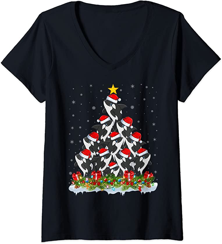 Womens Orca Lover Xmas Tree Santa Christmas Orca V-Neck T-Shirt