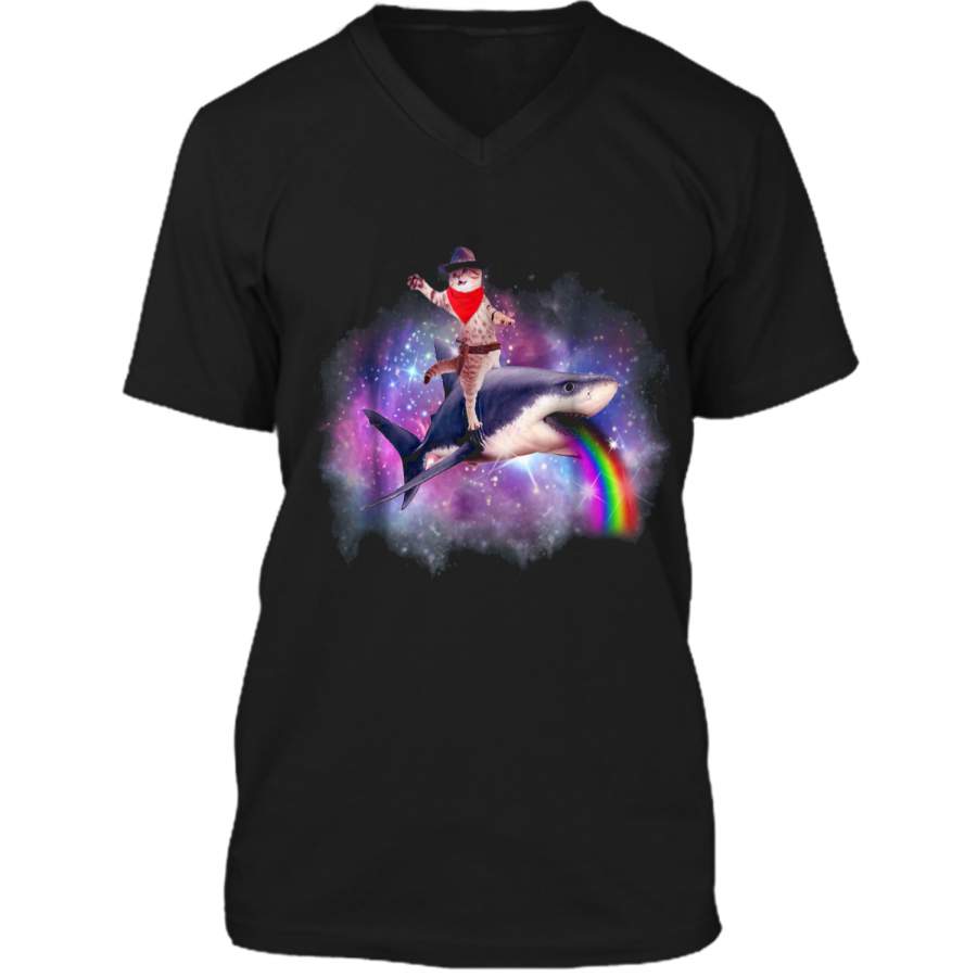 Cat Riding Shark  Space Galaxy Tee Mens Printed V-Neck T