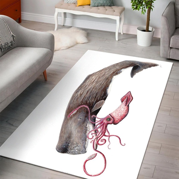 Sperm Whale And Squid Area Rug Living Room Rug Family Gift US Decor