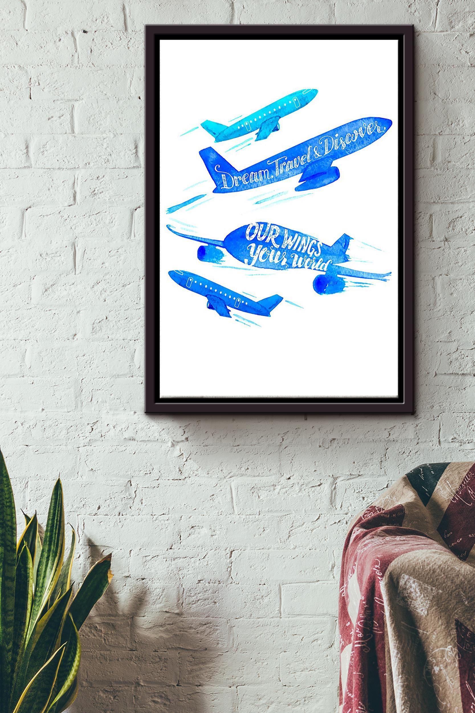 Blue Airplane Dream Travel Discover Poster – Aviation Knowledge Wall Art – Gift For Flight Engineer Control Tower Worker Pilot Explorer Framed Matte Canvas