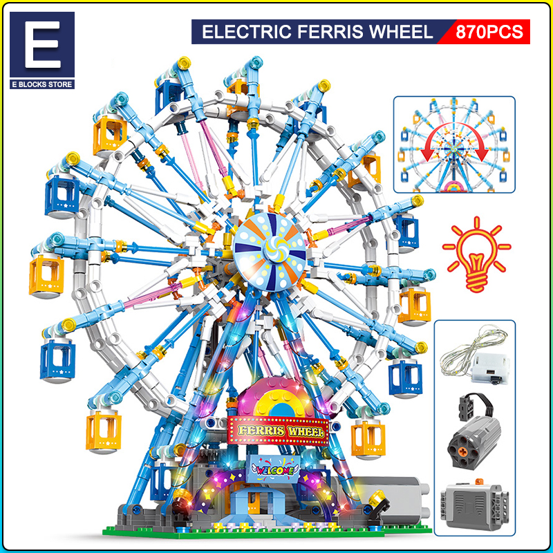 MOC Electric Rotating Ferris Wheel with Light Building Block Compatible with lego City Friends Brick Toy Children Christmas Gift alx