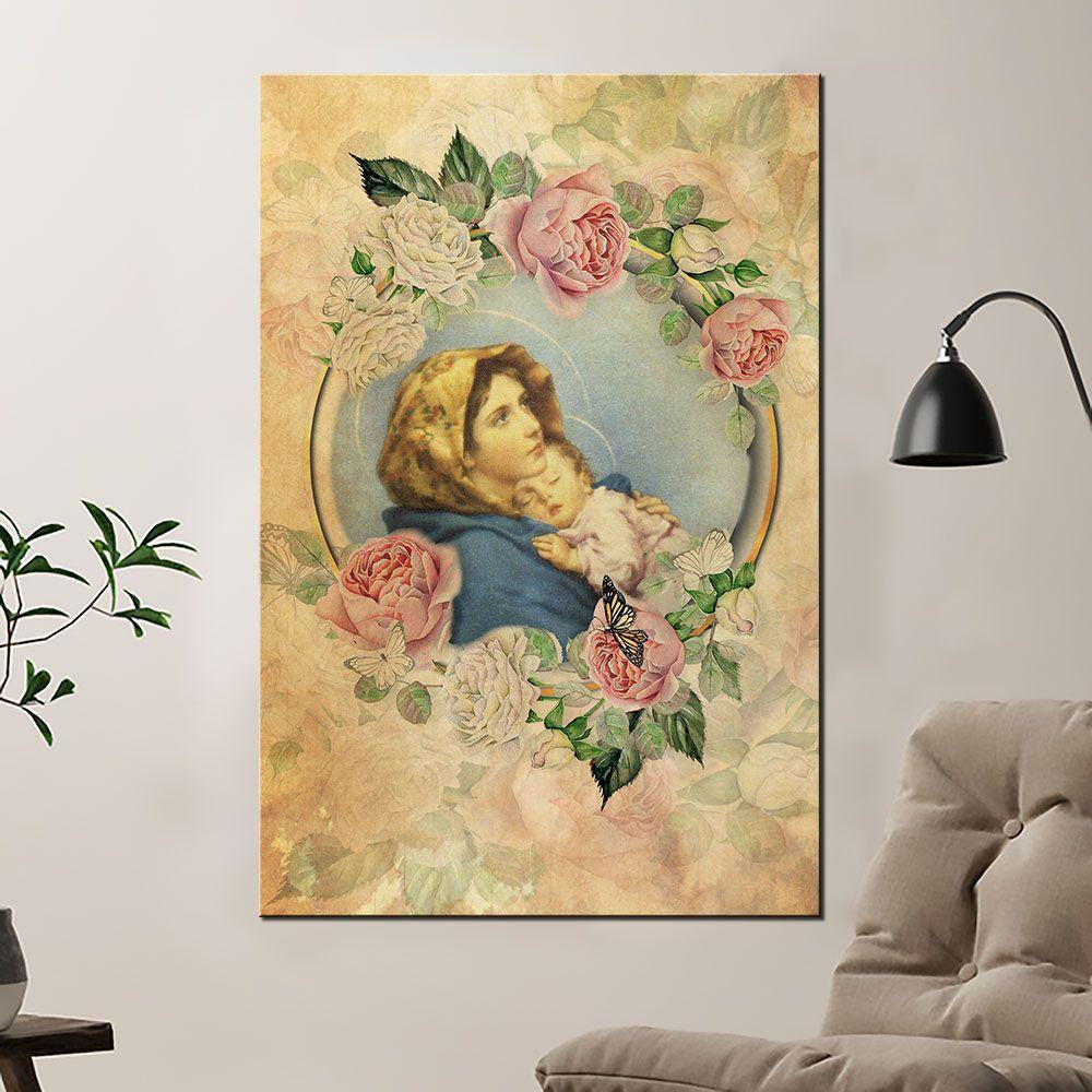 Our Lady Queen With Child Jesus Poster – Rose Circle Canvas Home Décor Gifts For Mother’S Day – Gigo Smart