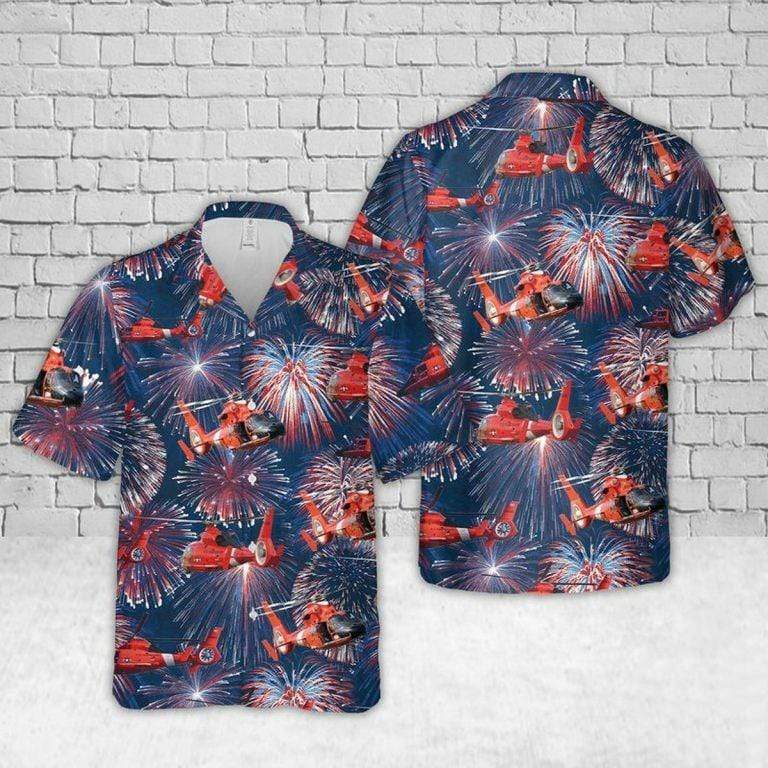 Hawaiian Aloha Shirt Made In Hawaii Coast Guard Eurocopter Mh-65 Dolphin Helicopter Fireworks