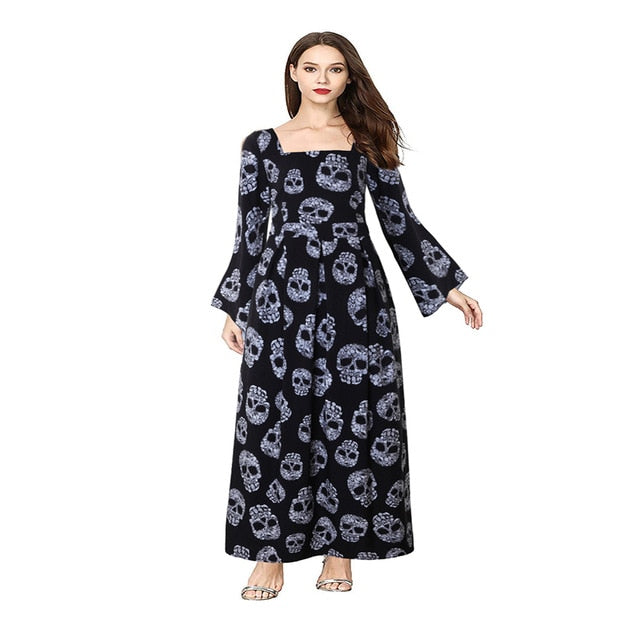 Skull Print Halloween Dress Women Autumn Square Collar Long Sleeves