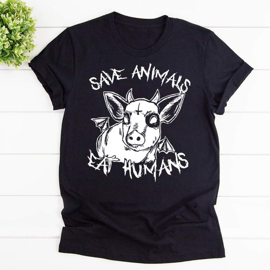 Vegan save animals eat humans black cotton t shirt for men and women s-6xl