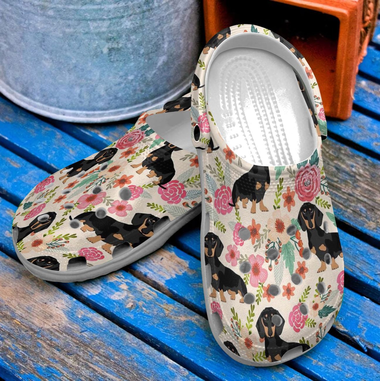 Dachshund Personalized Clog, Custom Name, Text, Color, Number Fashion Style For Women, Men, Kid, Print 3D Floral Background