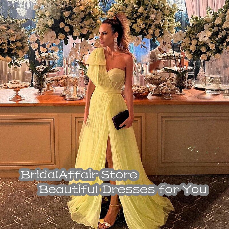 BridalAffair Simple Yellow Tulle Prom Dresses One Shoulder Sweetheart Side Split Corset Prom Gowns A-Line Formal Party Dresses alx