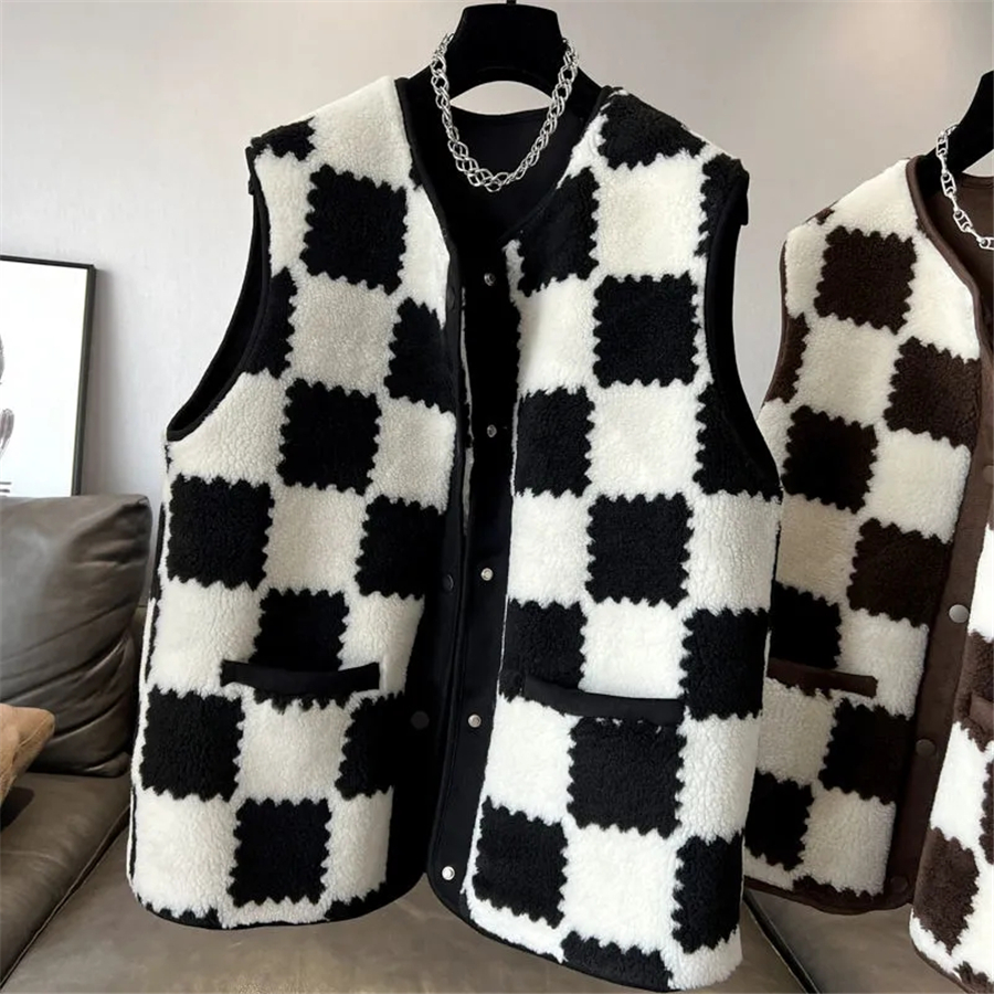 Women Waistcoat Casaco Teddy Sleeveless Jacket Korean Outwear Top Fall Winter Coat Oversize 4XL Black White Plaid Faux Lamb Vest alx