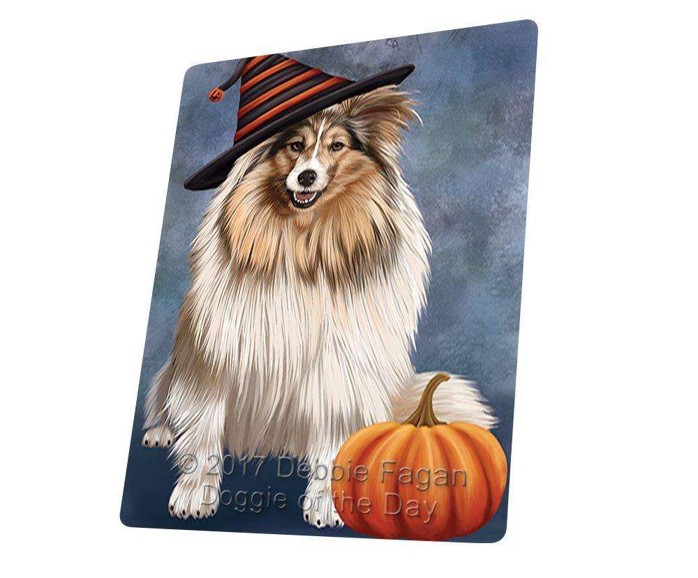 Happy Halloween Shetland Sheepdog Dog Wearing Witch Hat With Pumpkin Art Portrait Print Woven Throw Sherpa Plush Fleece Blanket