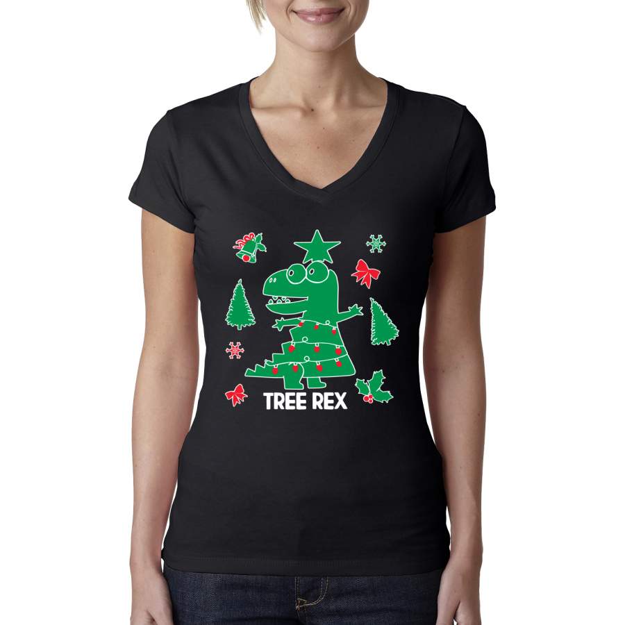 Christmas Trex Tree Rex Ugly Christmas Sweater Christmas Womens Junior Fit V-Neck Tee