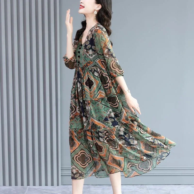 2022 Spring Summer new High-End Retro Floral Chiffon Dress Temperament Casual Age-Reducing Long V Neck Dress Elegant Half Sleeve alx