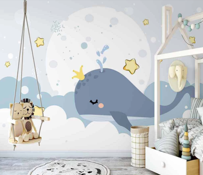 3D Cartoon Blue Whale Moon Star Cloud Wall Mural Wallpaper Lxl