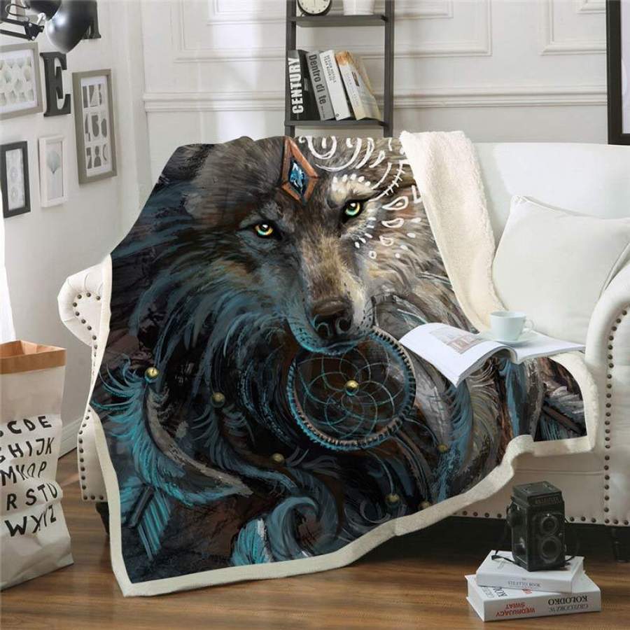 Warrior Wolf Throw Blanket | Animal Wolf Fleece Blanket for Adult Kids