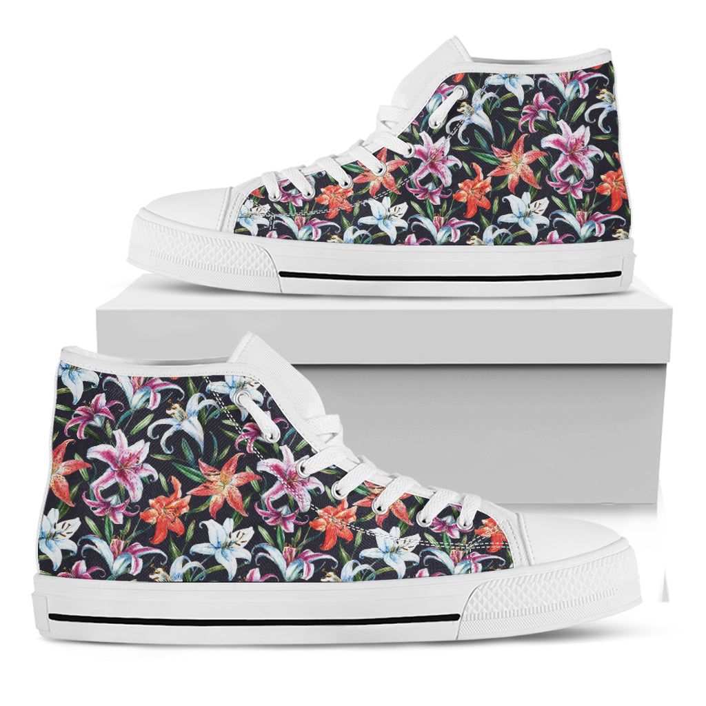 Watercolor Lily Flowers Pattern Print White High Top Shoes