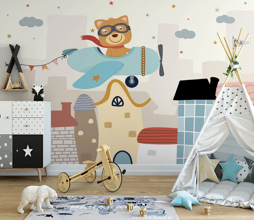 3D Cartoon Colorful House Bear Airplane Cloud Animal Background Wall Mural Wallpaper Lxl