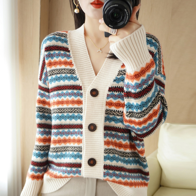 Autumn And Winter New Knitted Cardigan Thickened Women’s Lazy Style Striped Fragrance Sweater Fashion Contrast Color Coat Top alx