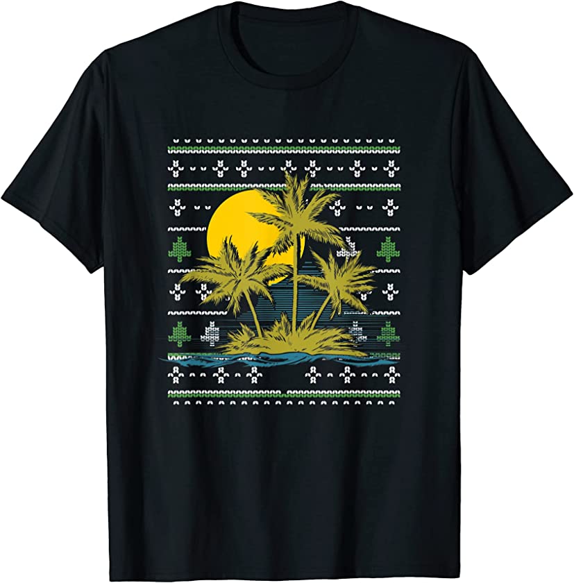 Ugly Christmas Sunset Island Palm Trees Santa Claus New Year T-Shirt