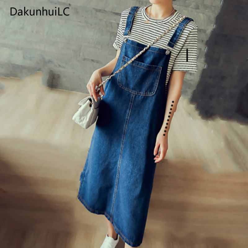 Summer Women Denim Dress Sundress Casual Loose Overalls Dresses Female Solid Adjustable Strap Jeans Dress alx