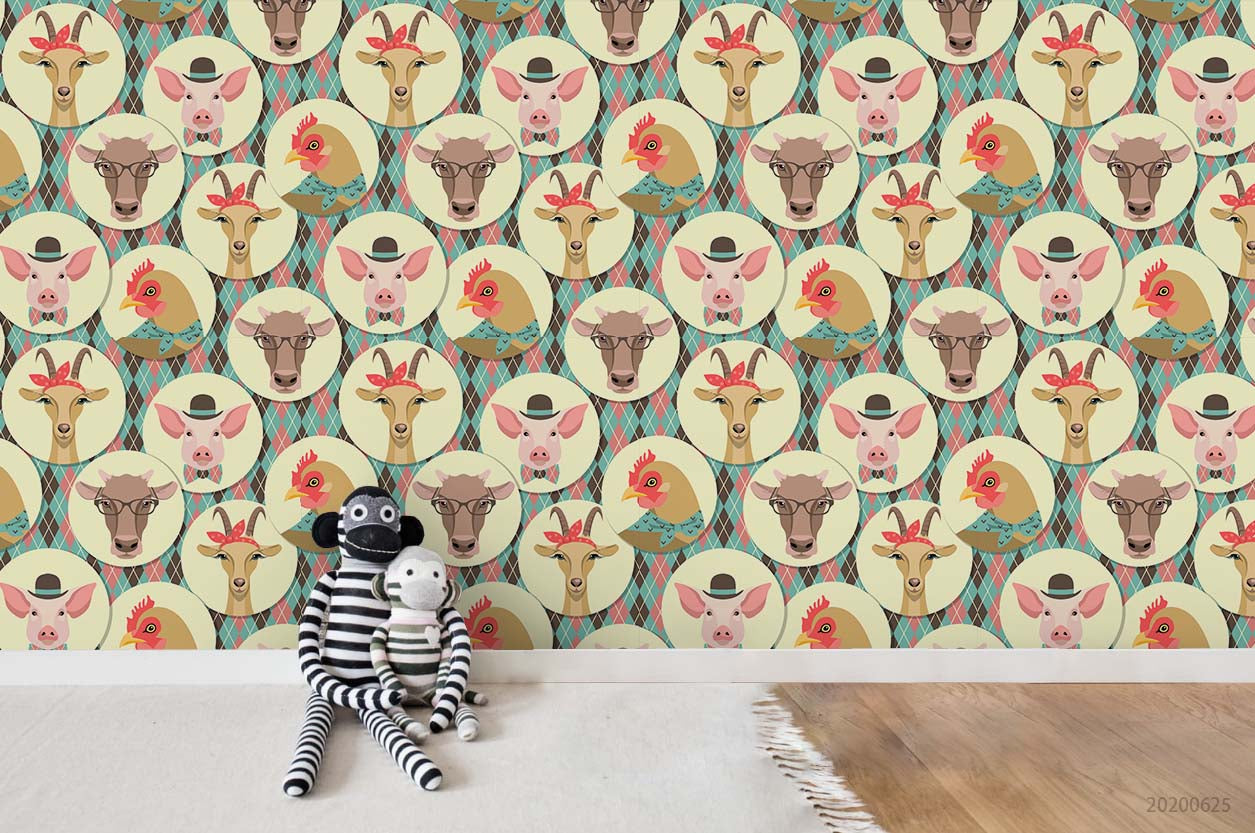 3D Geometric Pattern Cartoon Animal Head Wall Mural Wallpaper A326 Lqh