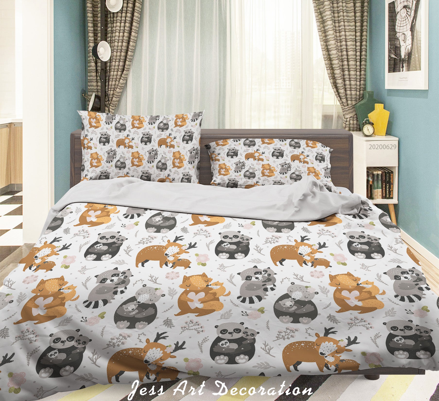 3D White Cartoon Animal Fox Bear Elk Tanuki Floral Quilt Cover Set Bedding Set Duvet Cover Pillowcases Sf04