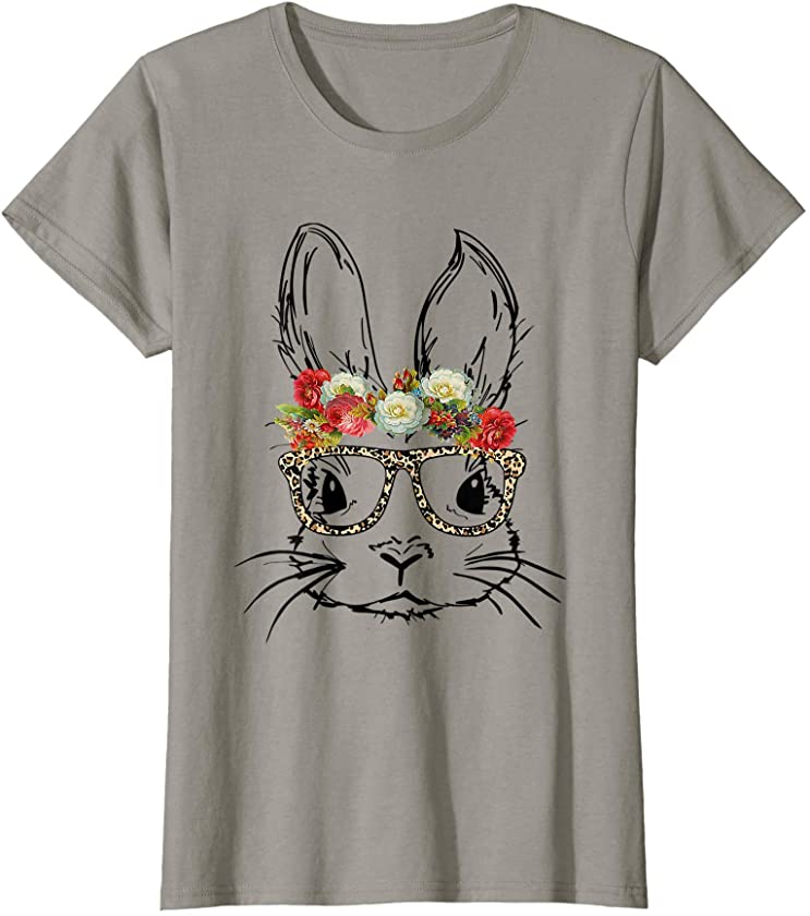 Womens Cute Mom Teen Girls Easter Bunny with Glasses Leopard Print T-Shirt