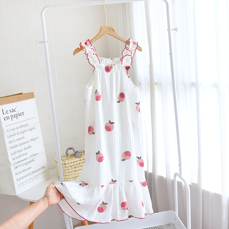 Summer Sleeping Skirt Double Layer Gauze Crepe Nightgowns Sleeveless Spaghetti Strap Night Dress Women Sleepwear Print Nightwear alx