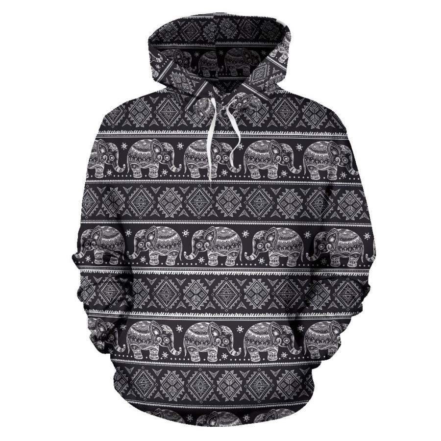 Black Aztec Elephant Pattern Print Women Men All Over Graphic Hoodie