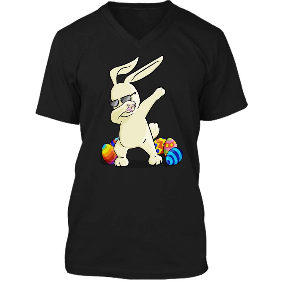 Dabbing Easter Bunny T-Shirt Bunny Happy Easter Shirt Mens Printed V-Neck T