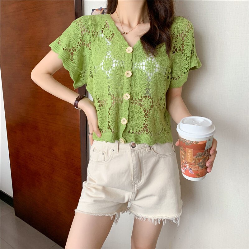 Sweater Cardigan Women Summer Daily Simple All-match Solid Vintage Ulzzang New Leisure Elegant Trendy Soft Hollow Out Female Fit alx