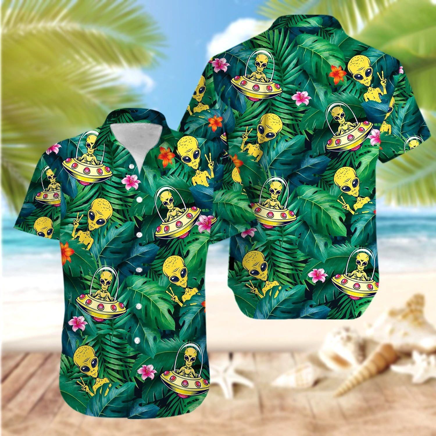 Alien Ufo Hippie Tropical Aloha Hawaiian Shirt Colorful Short Sleeve Summer Beach Casual Shirt For Men And Women