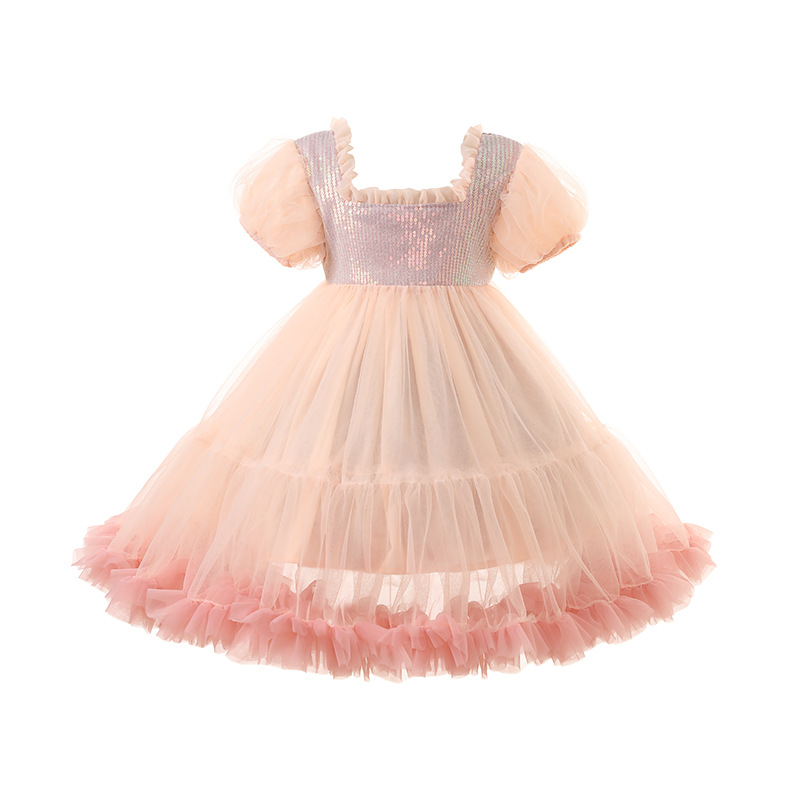 Teens Girls Sequin Patchwork Ruffles Dress for Kids Tutu Bell Bottom Princess Costume for Party Gown alx