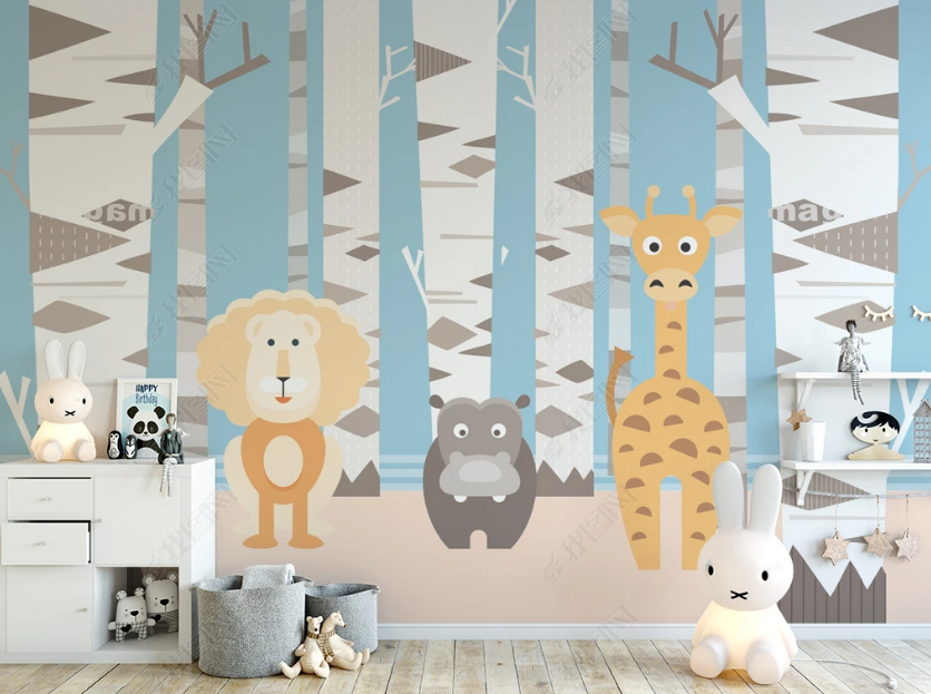 3D Cartoon Forest Lion Giraff Wall Mural Wallpaper Lqh 52