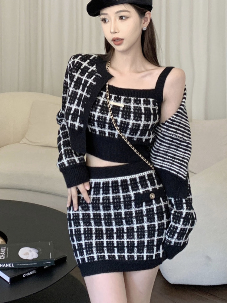 Sweet Three Piece Set Women Sweater Cardigan + Camisole + Skirt Sets Fashion Knit 3pcs Suits Ensemble Femme Conjuntos Feminino alx