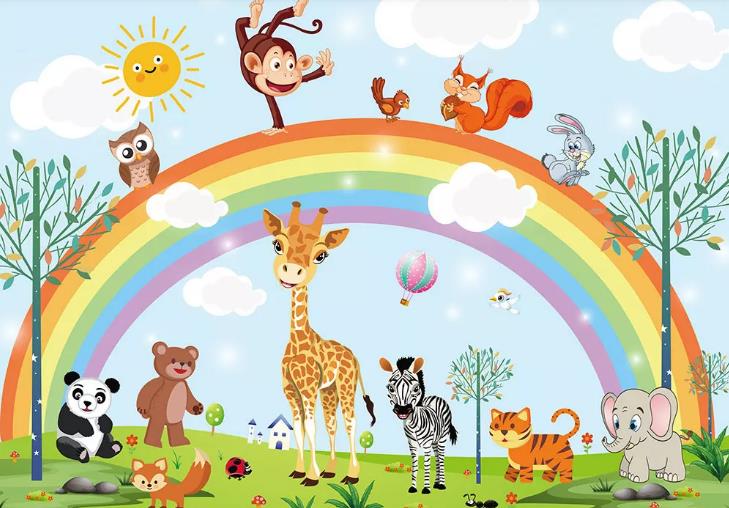 3D Cartoon Forest Animal Rainbow Wall Mural Wallpaper Lqh 184